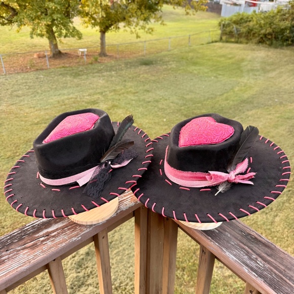Black Flat Brim hat with Pink Tooled Leather, Arrowhead Shaped Hat - Picture 3 of 4